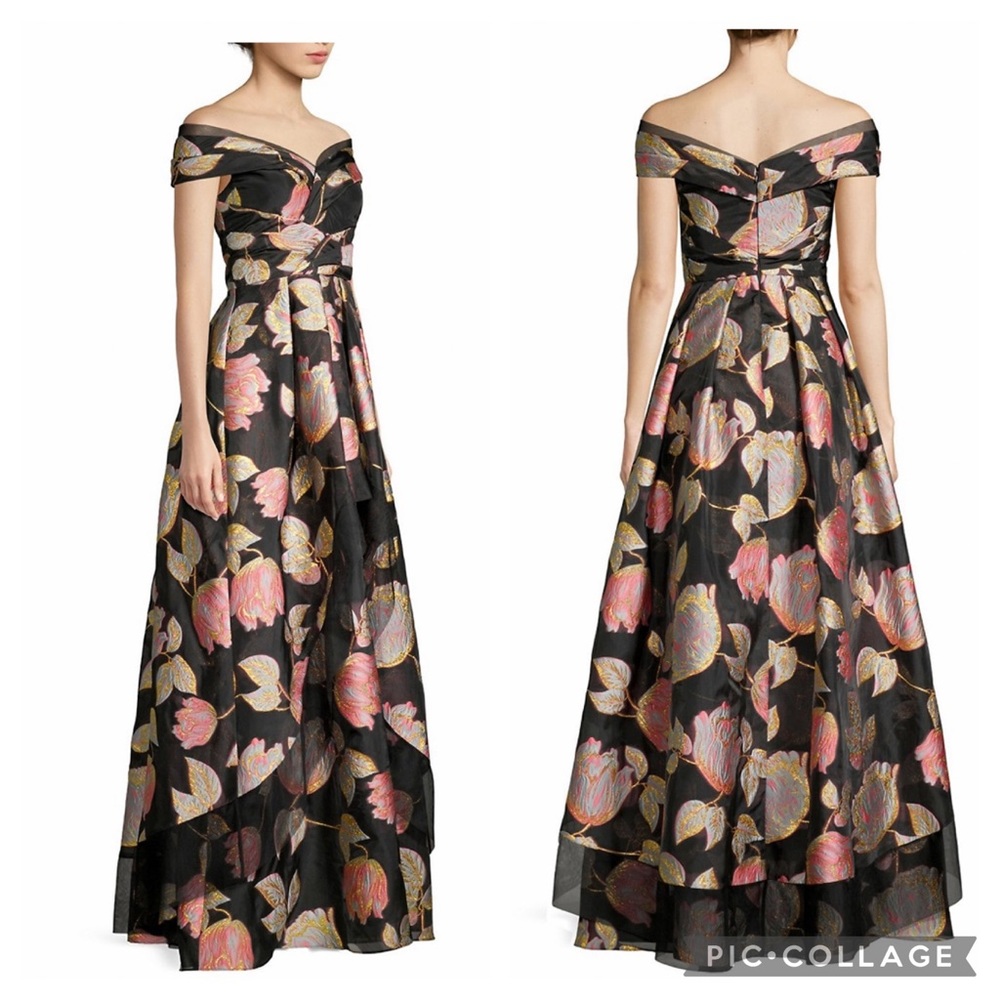 Aidan Mattox pleated off shoulder print long gown
